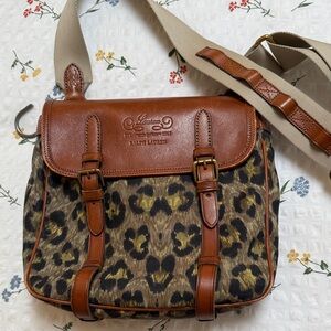 Lauren Ralph Lauren Brown Leather & Leopard Print Crossbody Bag